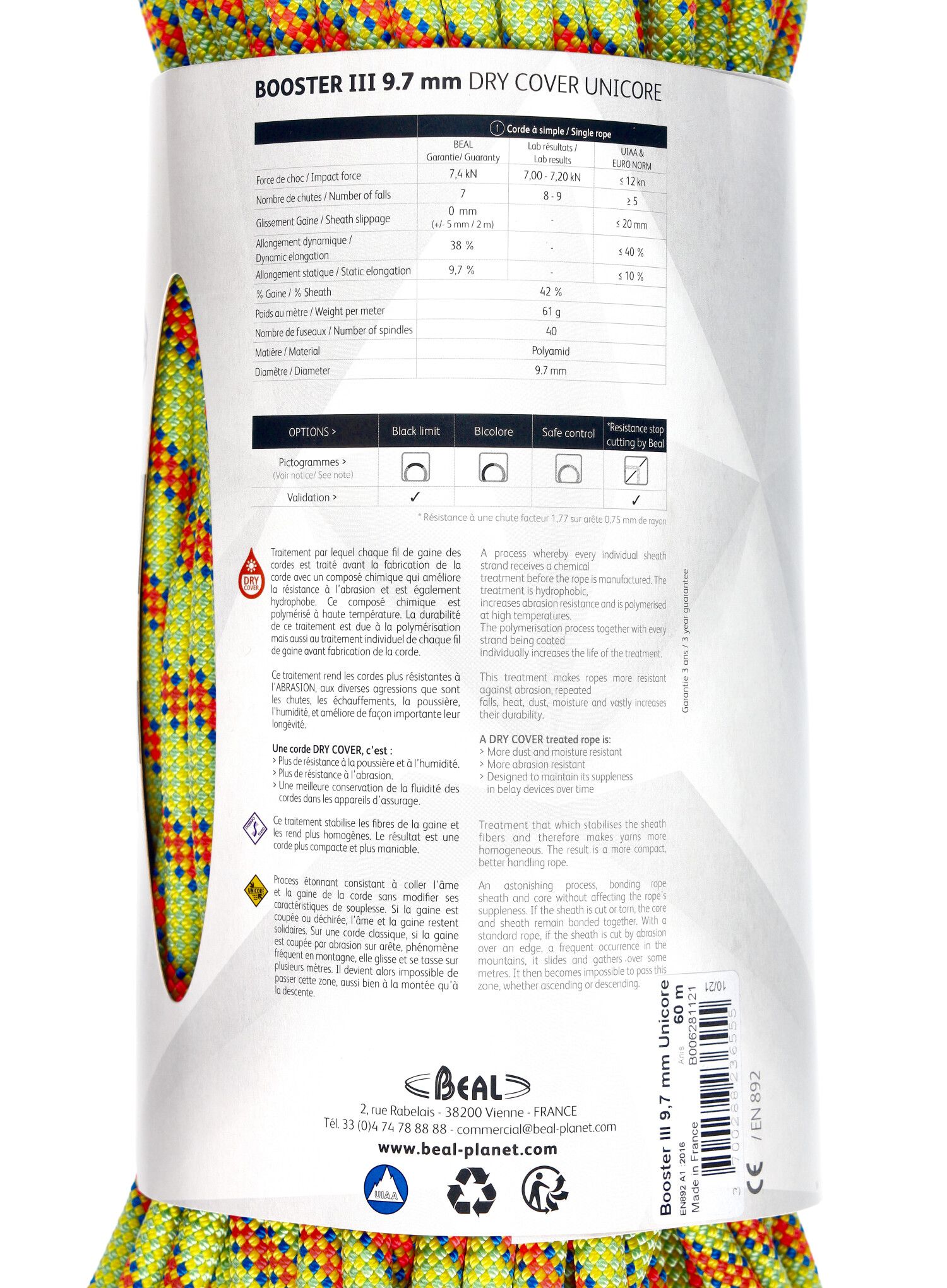 Uže za penjanje Beal Booster III 9,7 mm 60 m Unicore Dry Cover - anis