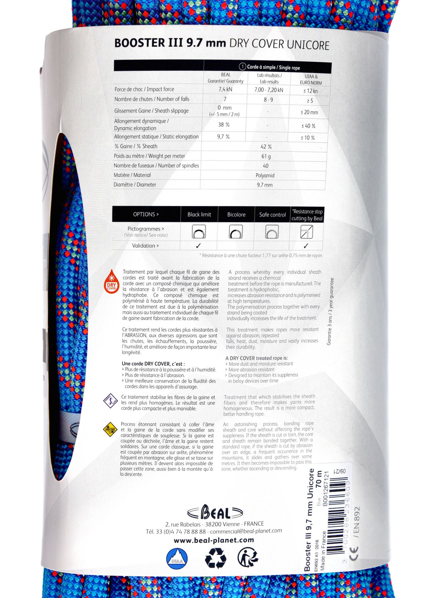Uže za penjanje Beal Booster III 9,7 mm 70m Unicore Dry Cover - blue