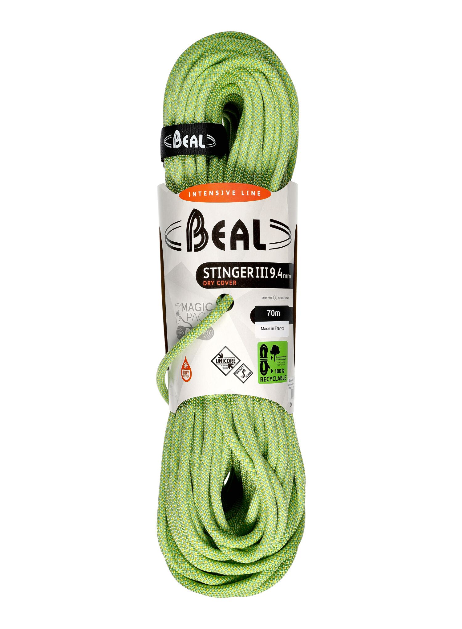 Uže za penjanje Beal Stinger III 9,4 mm 70 m Unicore Dry Cover - anis