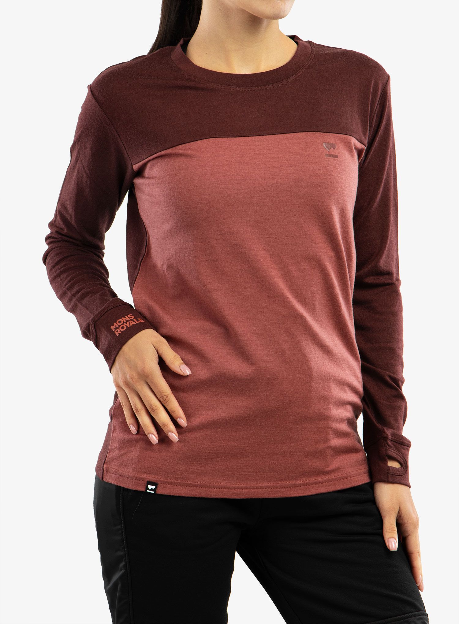 Ženski longsleeve Mons Royale Yotei BF LS - dark chocolate/terracotta