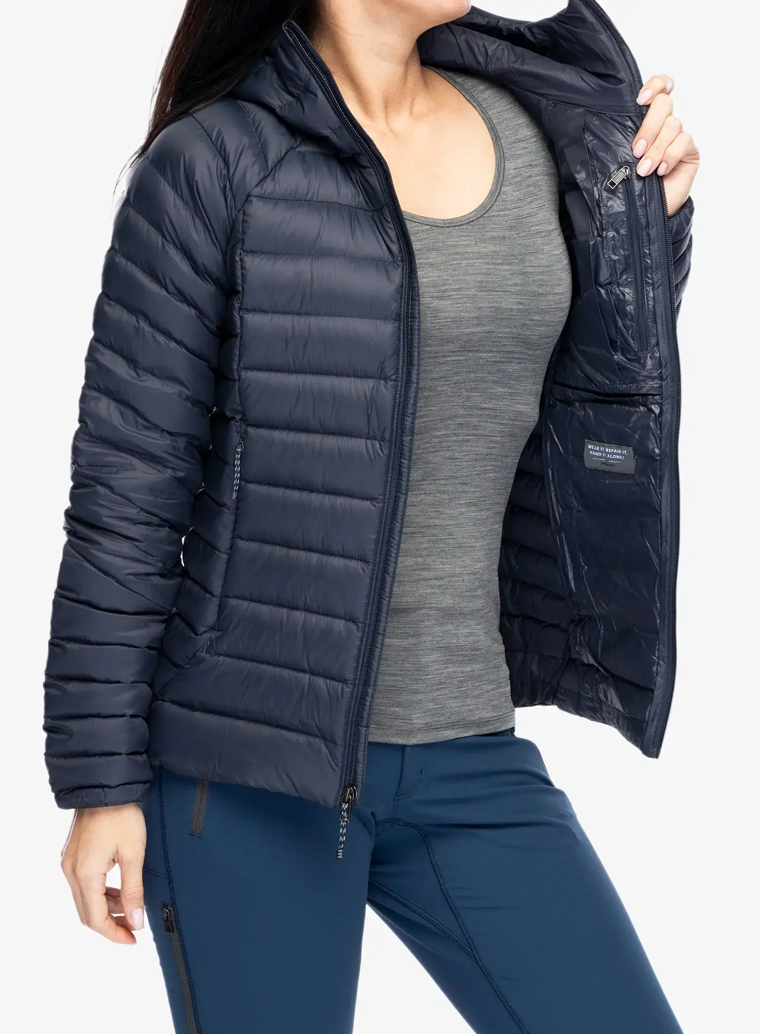 Ženska perjana jakna Patagonia Down Sweater Hoody - smolder blue