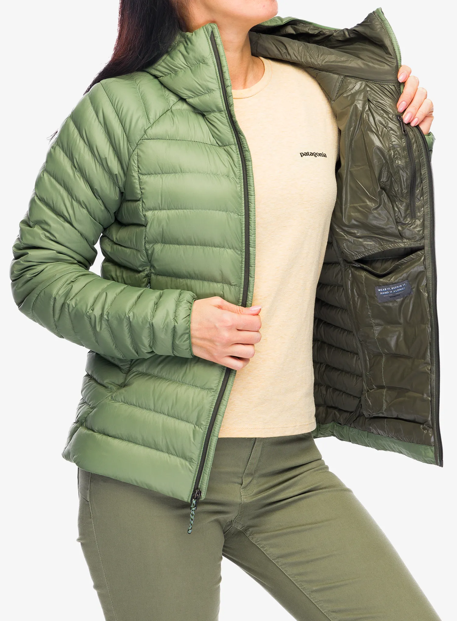 Ženska perjana jakna Patagonia Down Sweater Hoody - terrain green