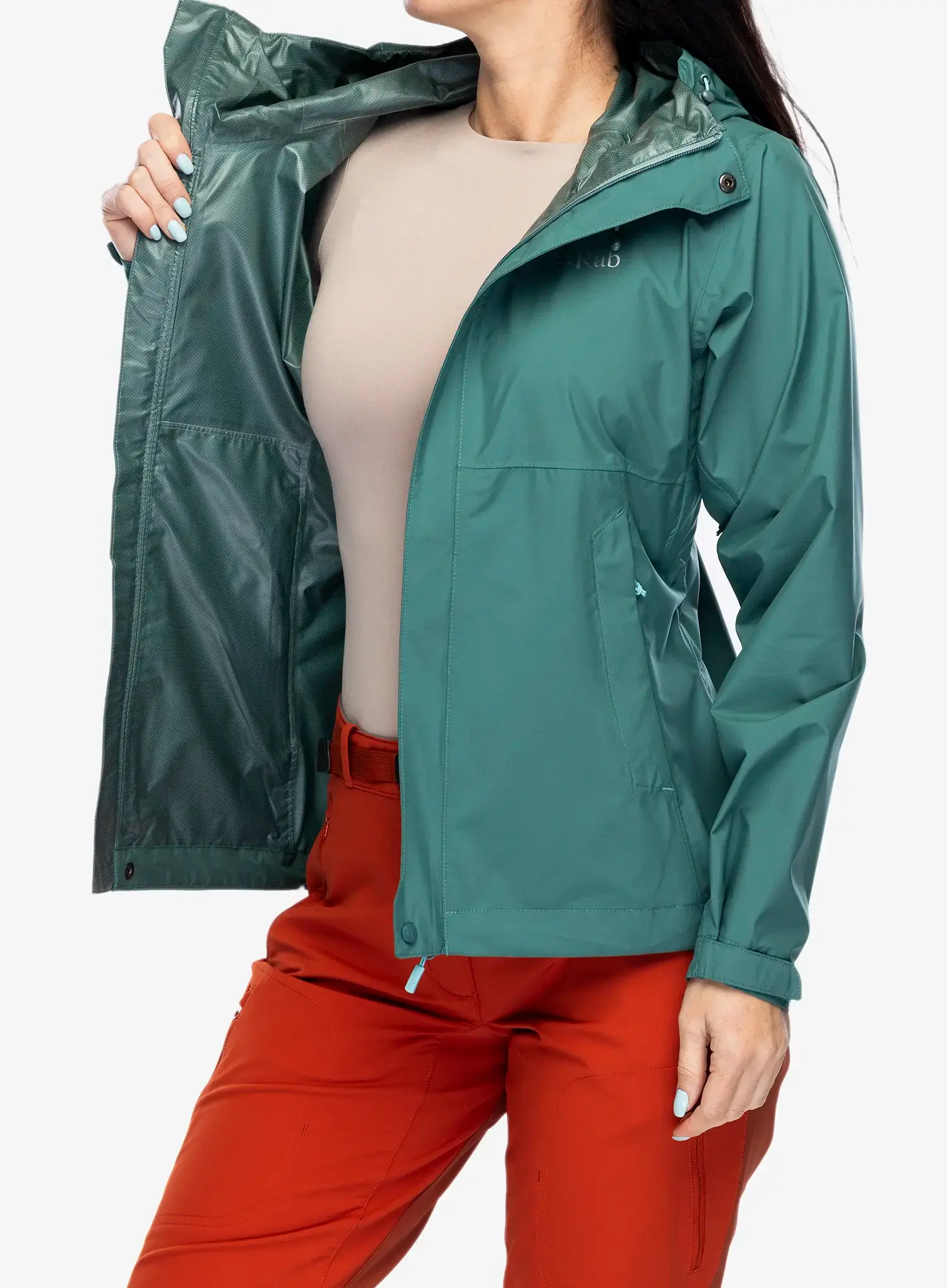 Ženska kišna jakna Rab Downpour Eco Jacket - eucalyptus