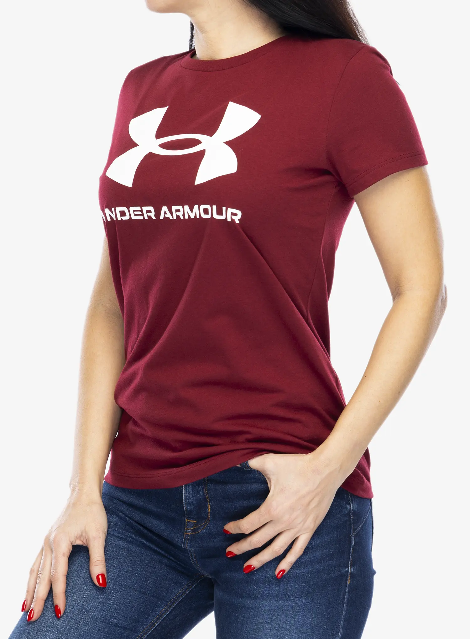 Ženska majica s tiskom Under Armour Live Sportstyle Graphic SSC - cardinal/white