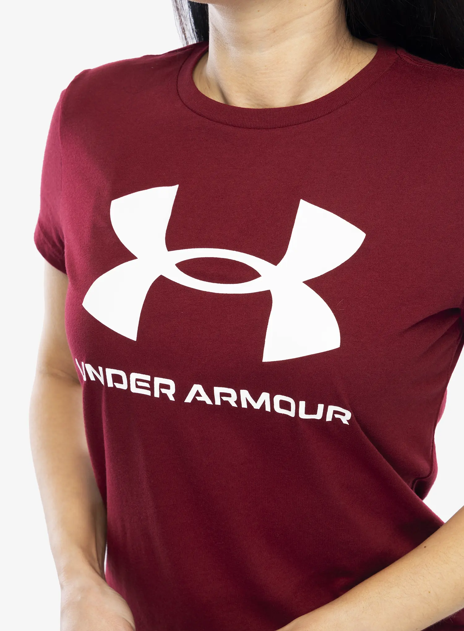 Ženska majica s tiskom Under Armour Live Sportstyle Graphic SSC - cardinal/white