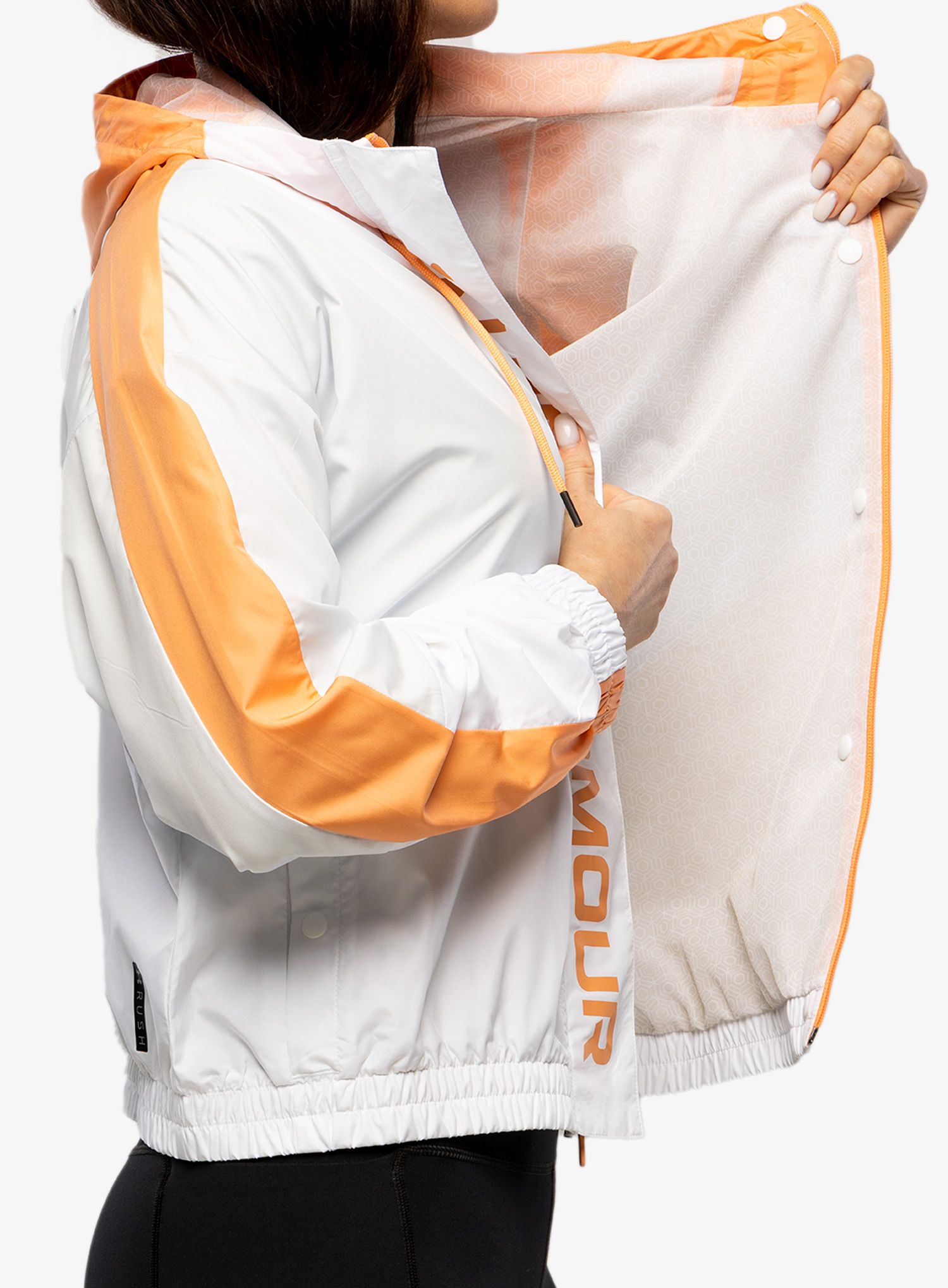 Ženska jakna Under Armour UA Rush Woven FZ Jacket - white/mellow orange