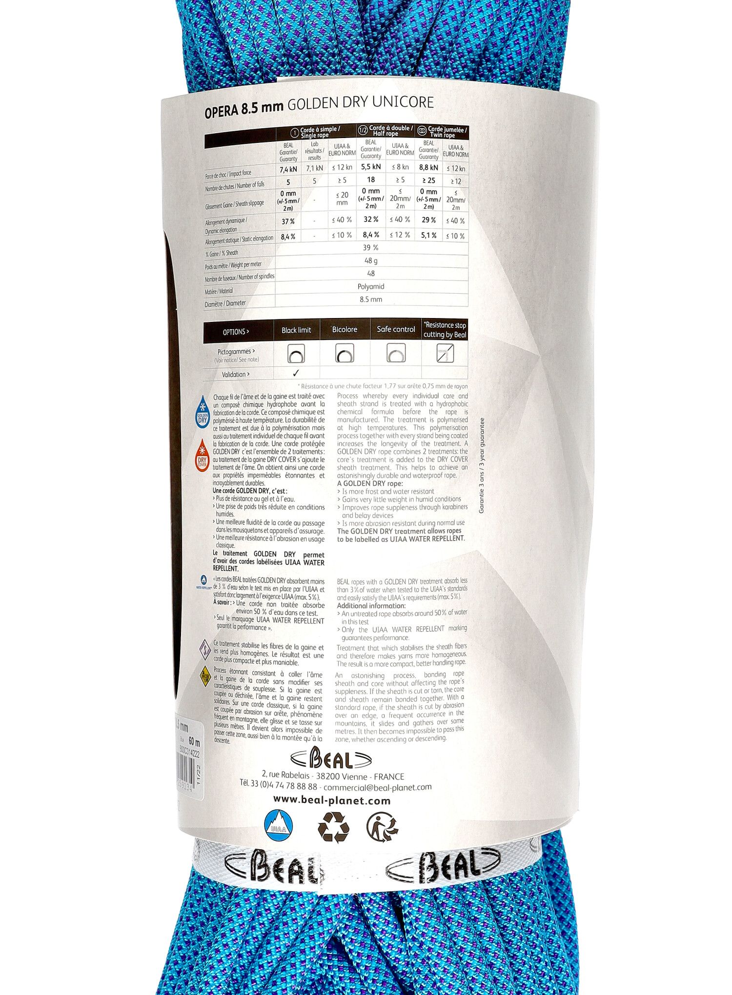 Dinamičko uže Beal Opera 8,5 mm 60 m Unicore Golden Dry - blue