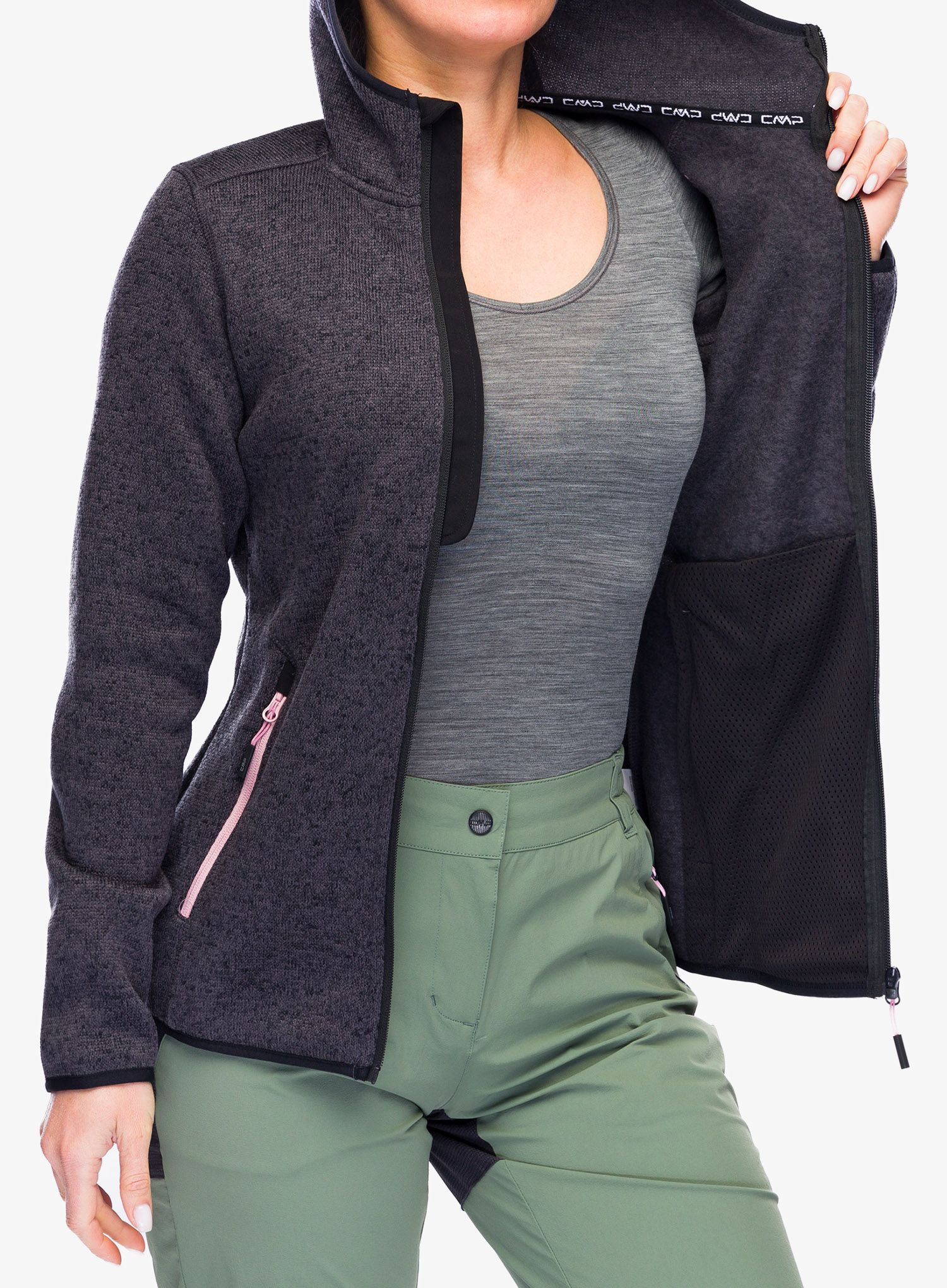 Ženska jakna od flisa s kapuljačom CMP Londra Fix Hood Jacket Knitted - black/rose