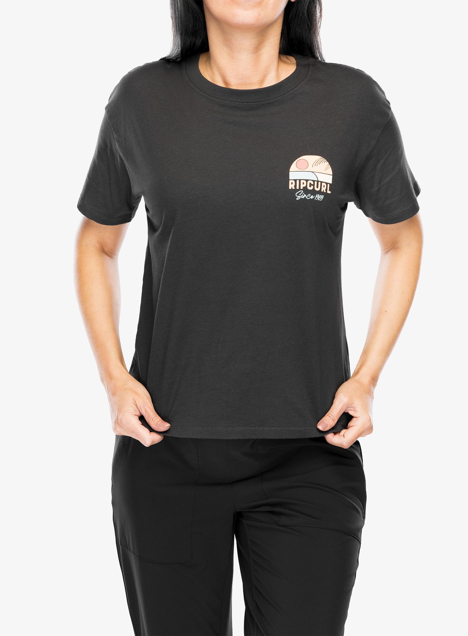 Ženska majica s tiskom Rip Curl Line Up Relaxed Tee - washed black