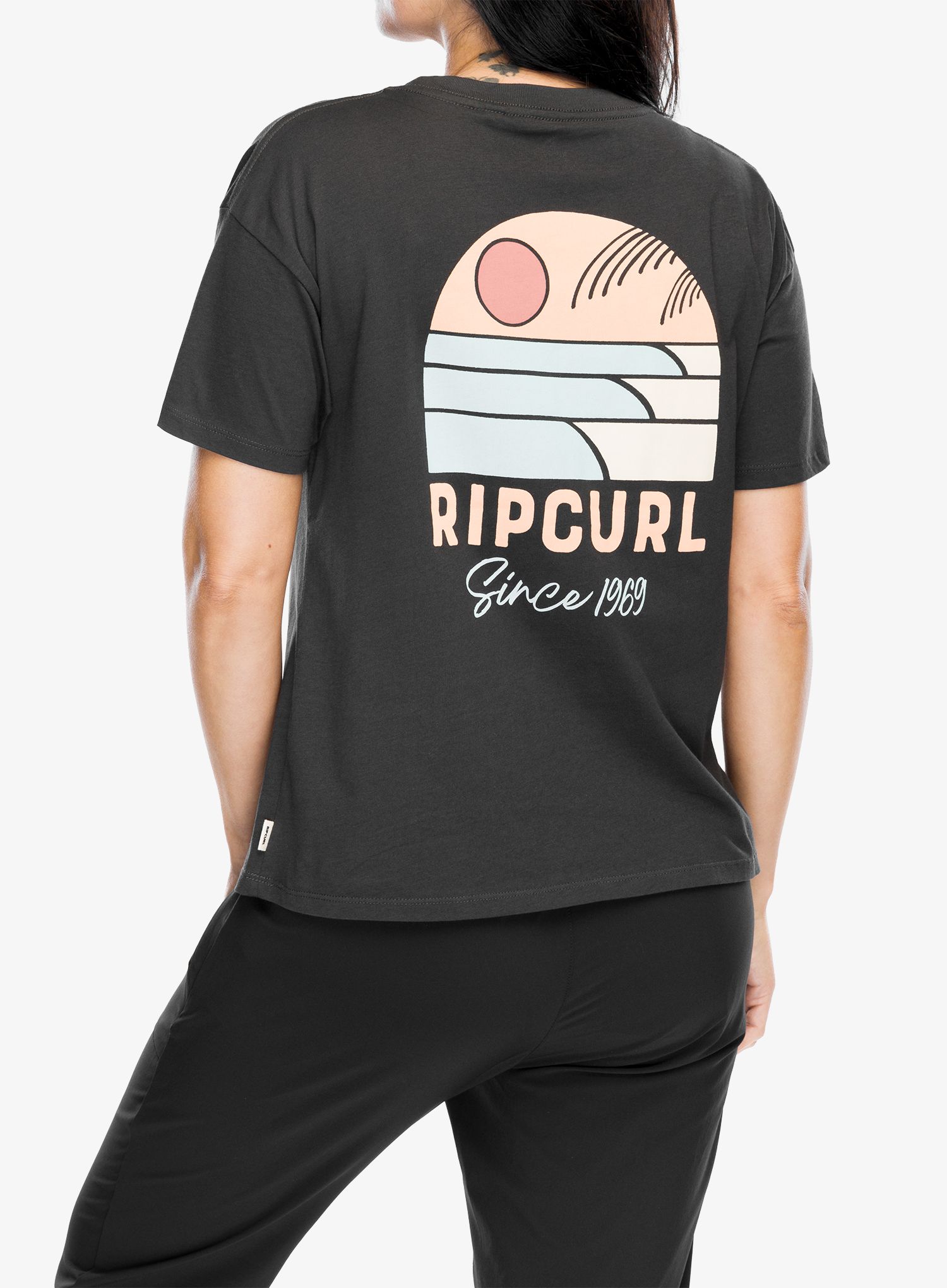 Ženska majica s tiskom Rip Curl Line Up Relaxed Tee - washed black
