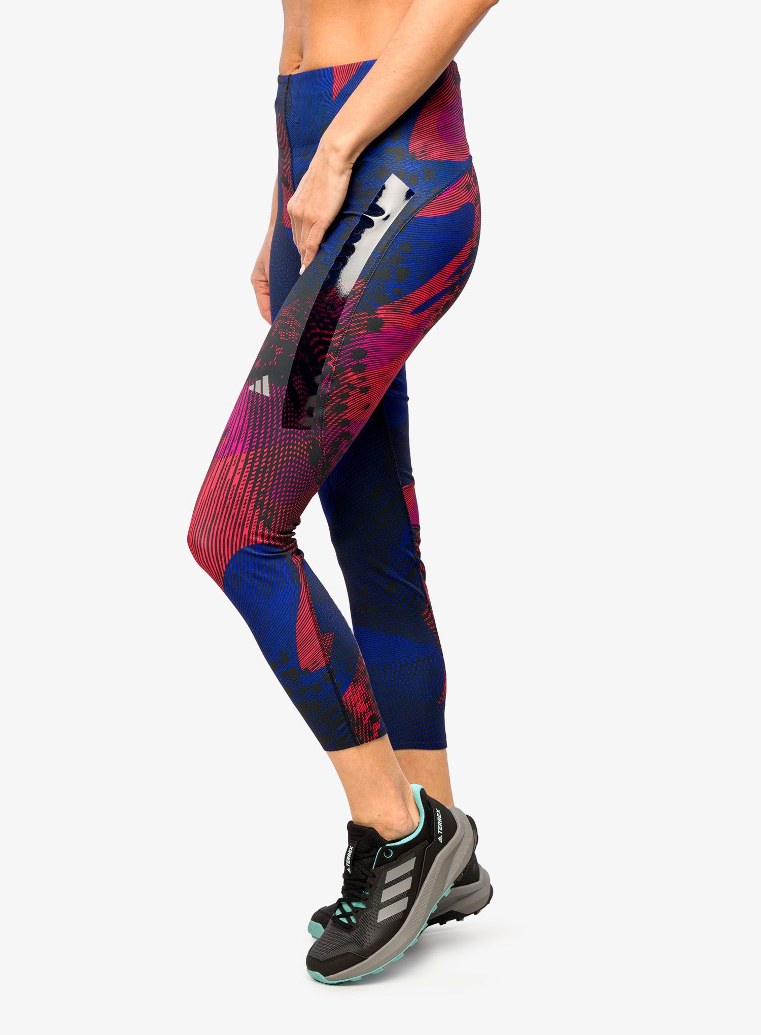 Ženske tajice za trčanje adidas Adizero All Over Print Tights - black/bright red