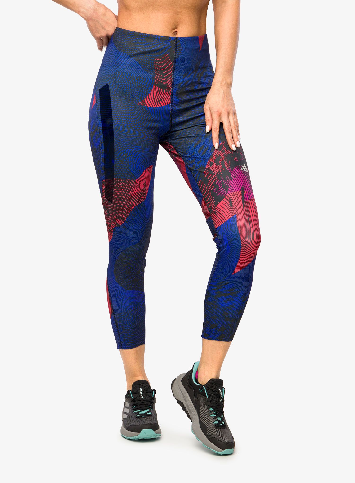 Ženske tajice za trčanje adidas Adizero All Over Print Tights - black/bright red