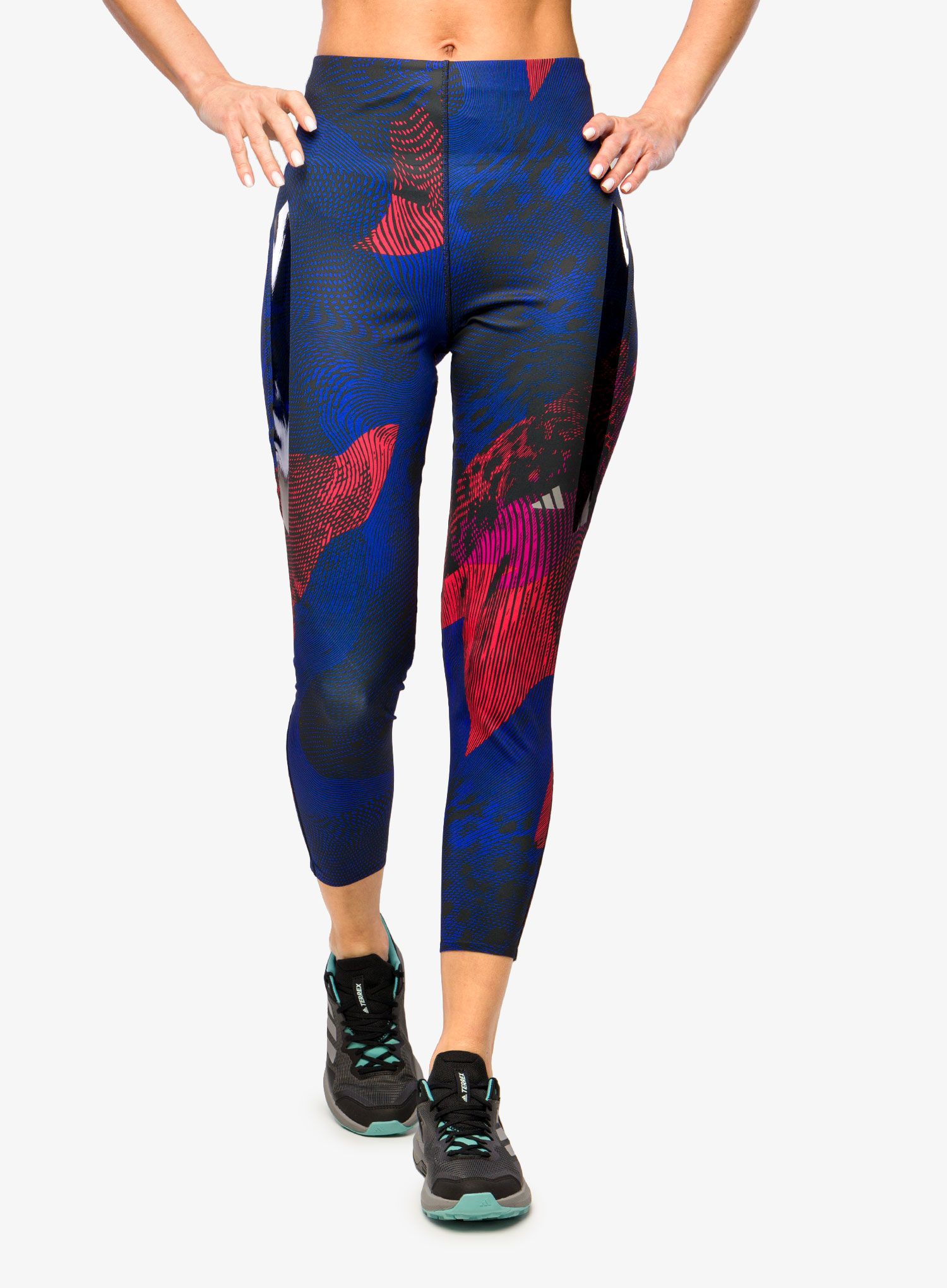 Ženske tajice za trčanje adidas Adizero All Over Print Tights - black/bright red