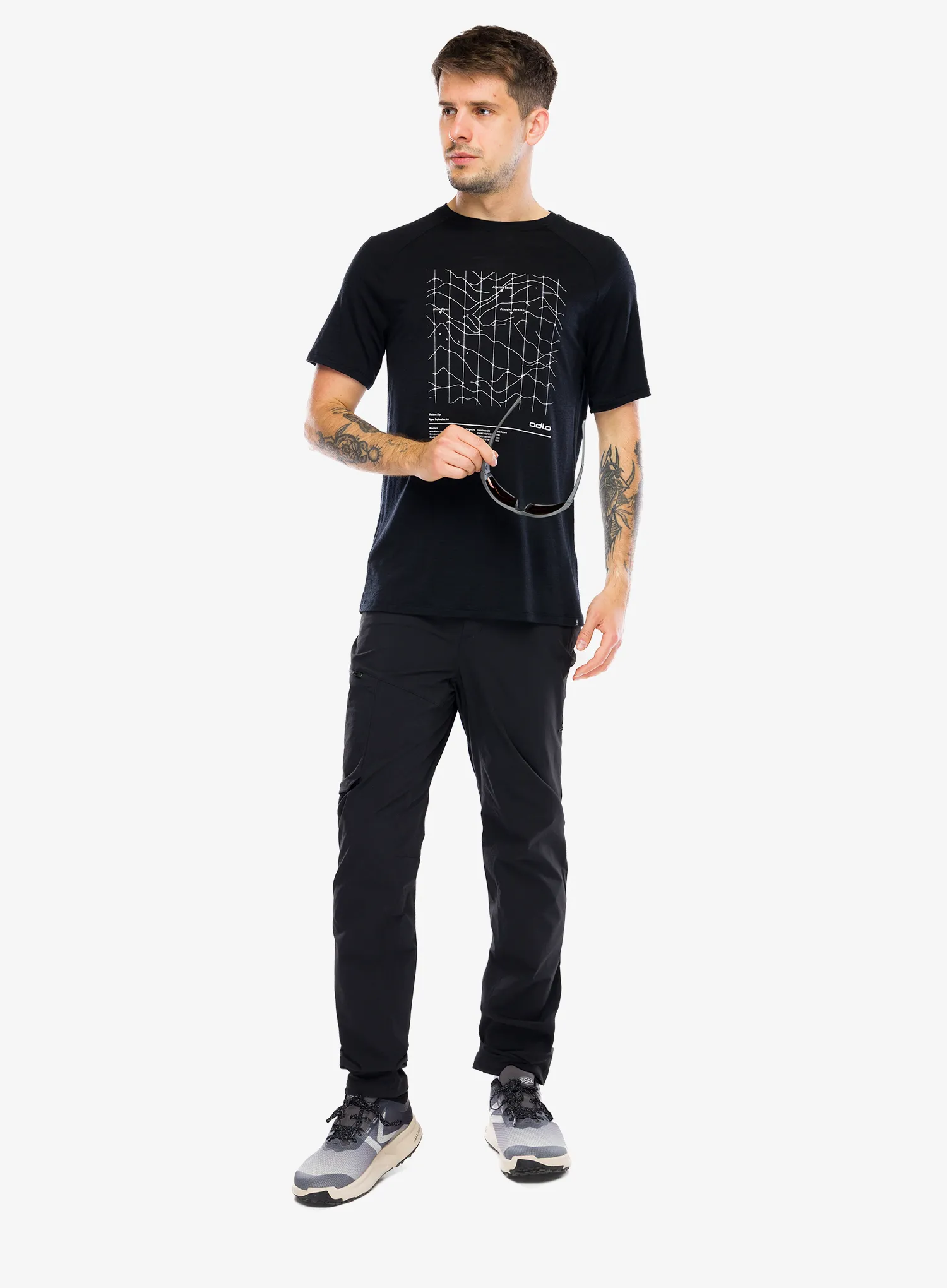 Majica s tiskom Odlo Merino Tencel Hyper Map Crew Neck S/S - black melange