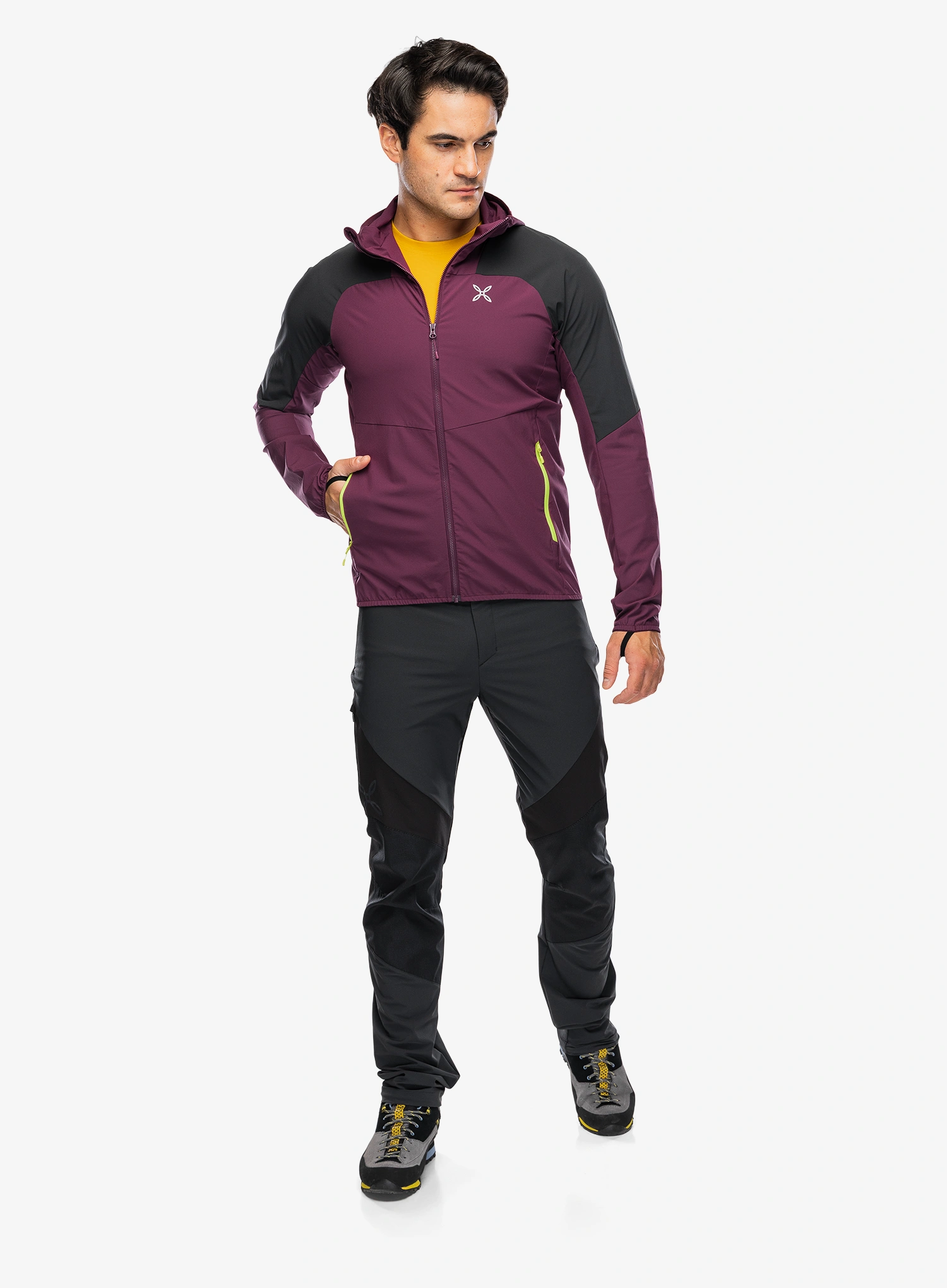 Softshell jakna Montura Rise Hooded Jacket - wine red/sunny lime