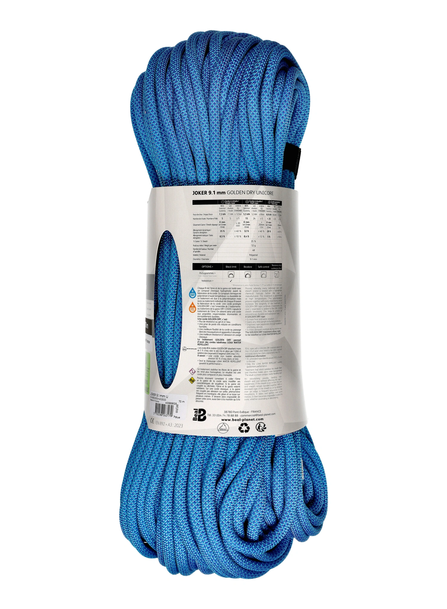 Uže za penjanje Beal Joker Unicore 9,1 mm x 70 m Golden Dry - blue