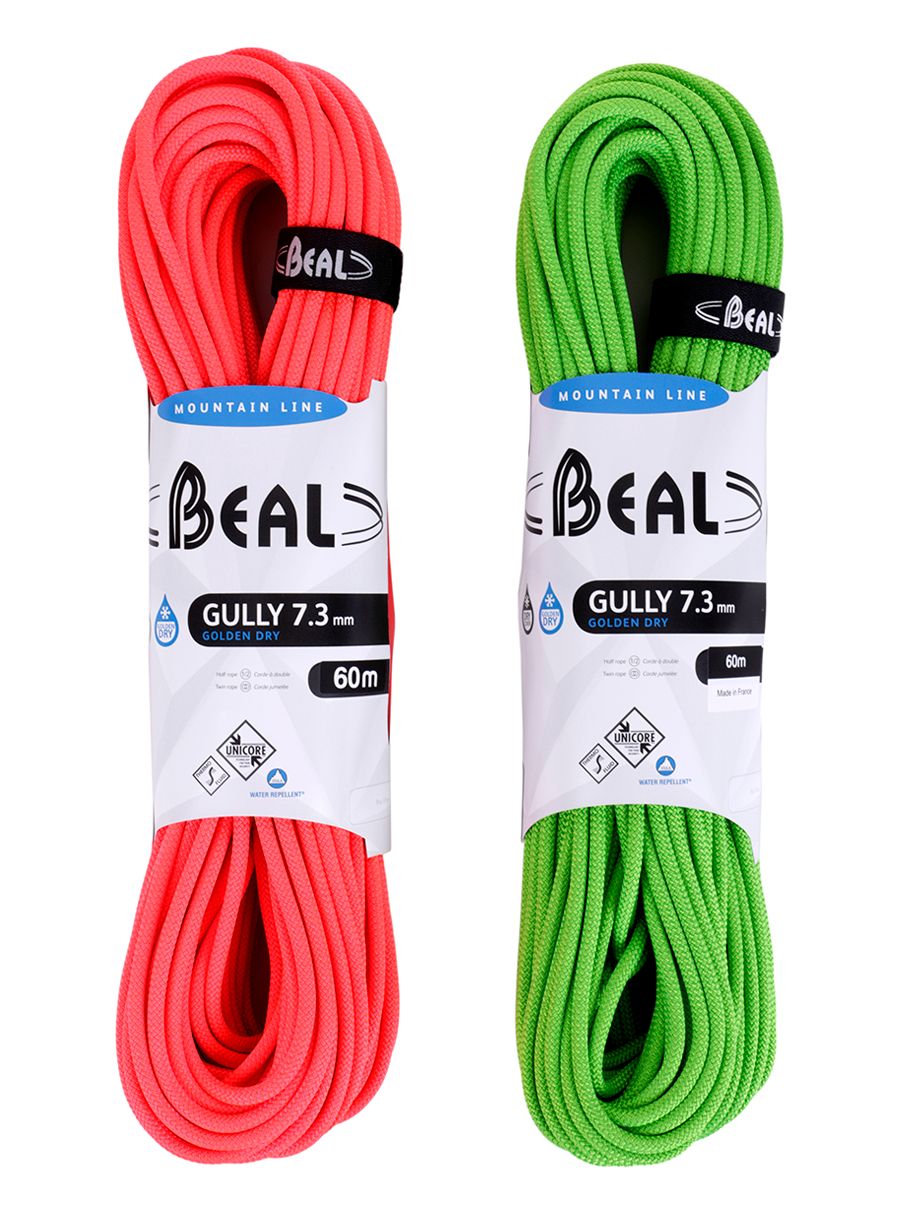 Dvojno uže Beal Gully 7,3 mm 60 m Unicore Golden Dry x 2 - orange/green