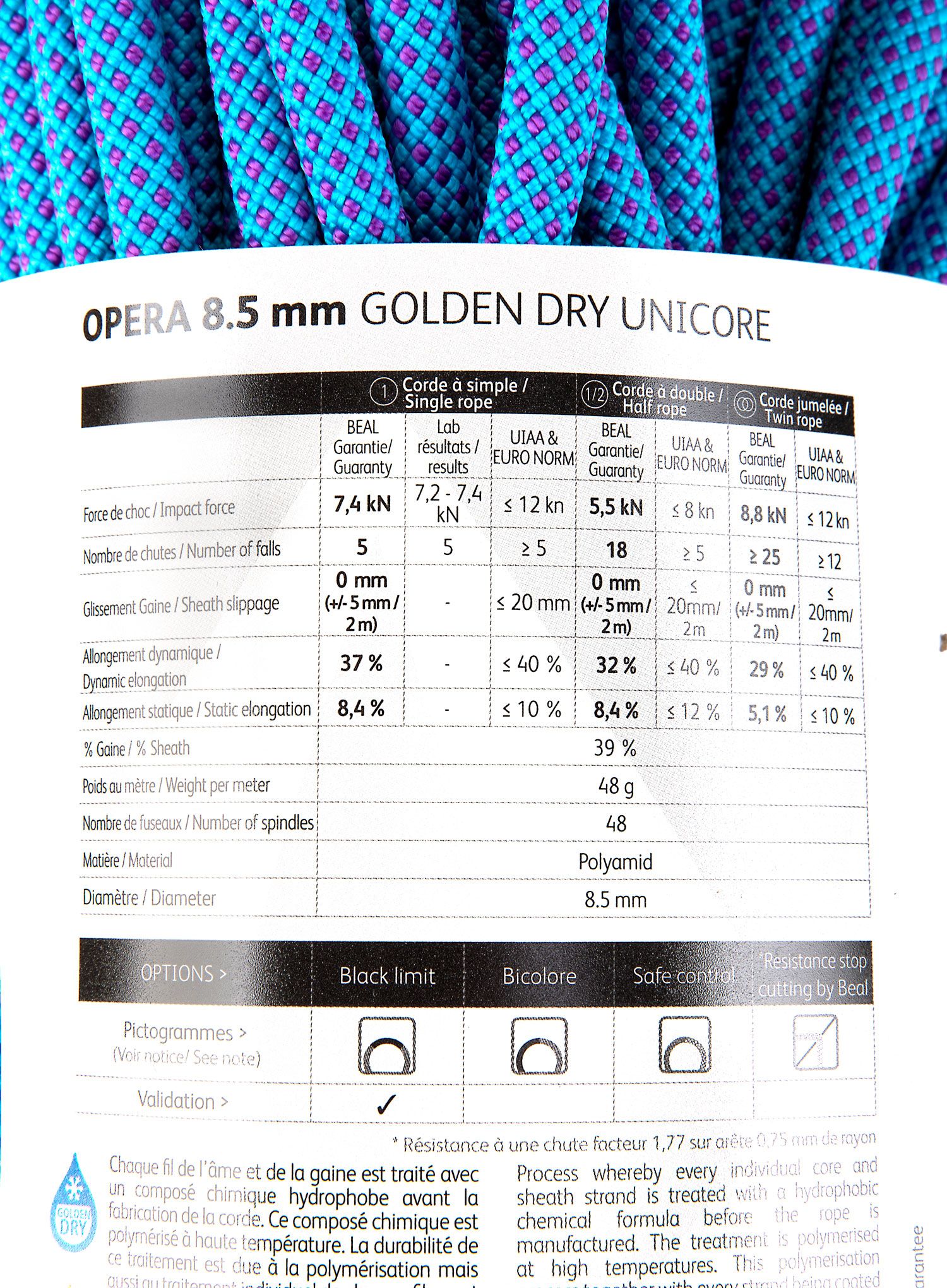 Uže za penjanje Beal Opera 8,5 mm 50 m Unicore Goldern Dry - blue