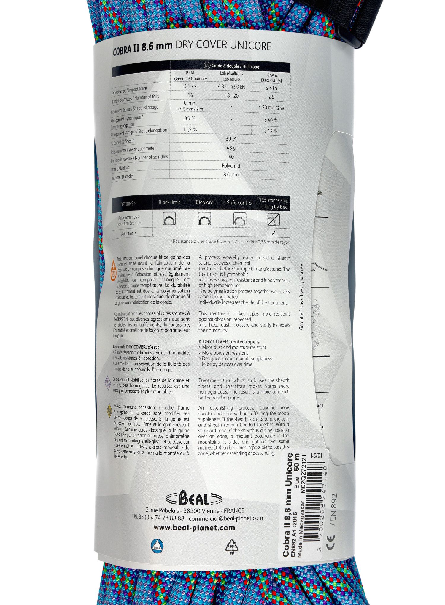 Dinamičko uže Beal Cobra Unicore Dry Cover 8,6 mm 60 m - blue