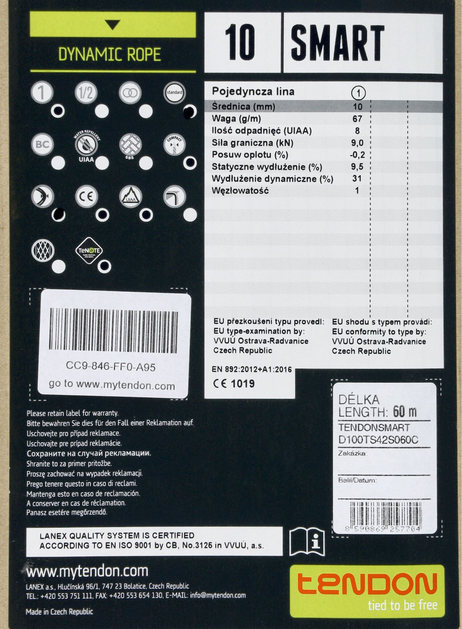 Dinamičko uže Tendon Smart 10 mm 60m Standard - blue/yellow