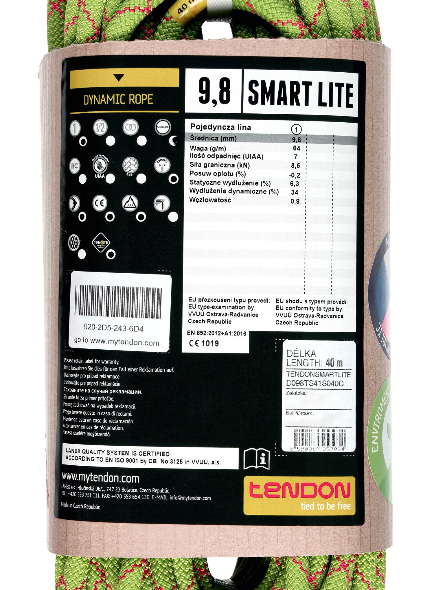 Uže za penjanje Tendon Smart Lite 9,8 mm 40 m - green