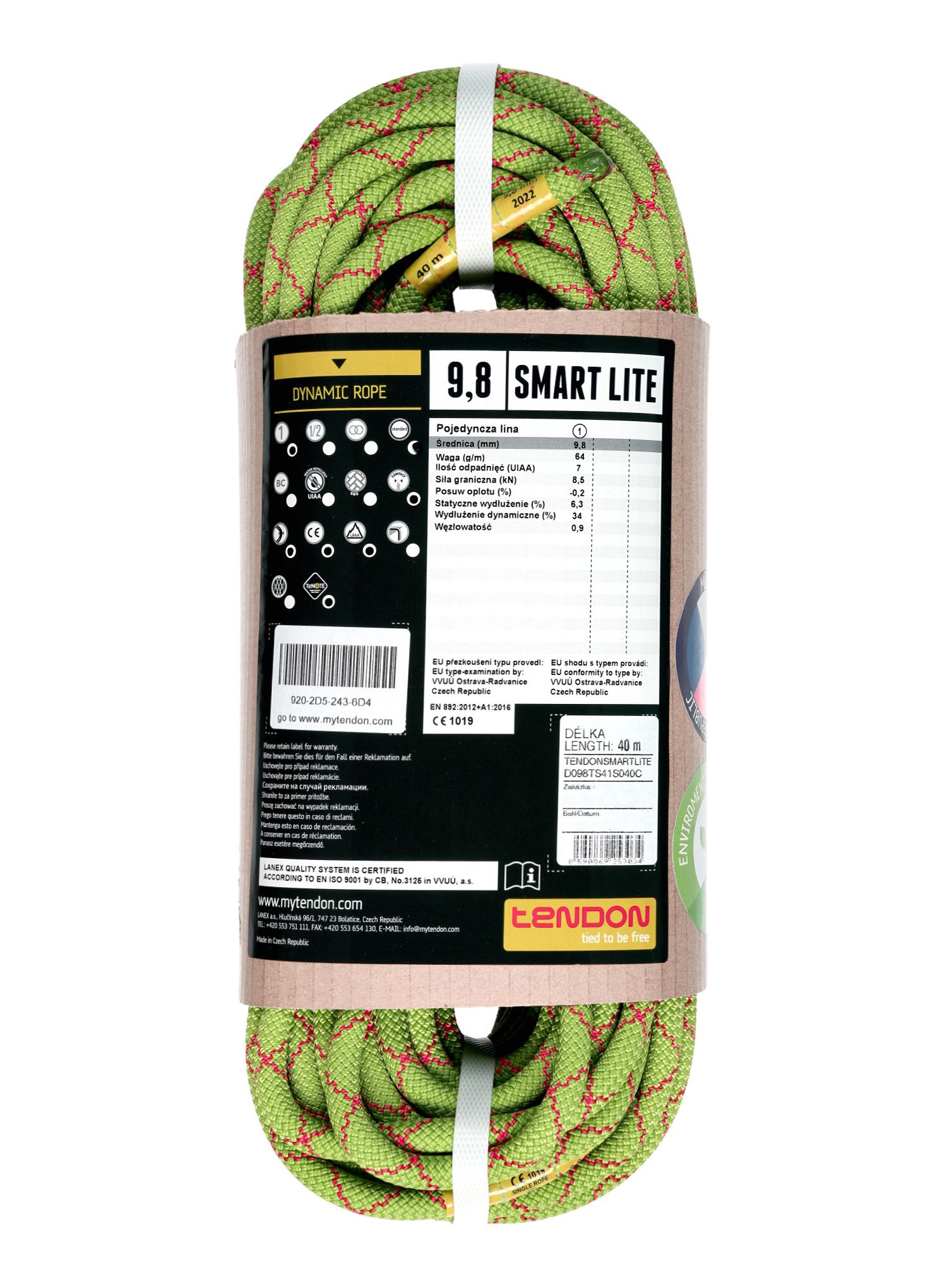 Uže za penjanje Tendon Smart Lite 9,8 mm 40 m - green