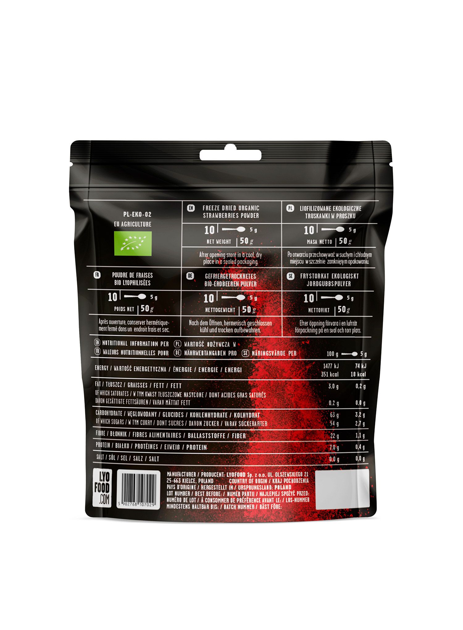Liofilizat LYOFOOD Ekološke jagode u prahu 50 g